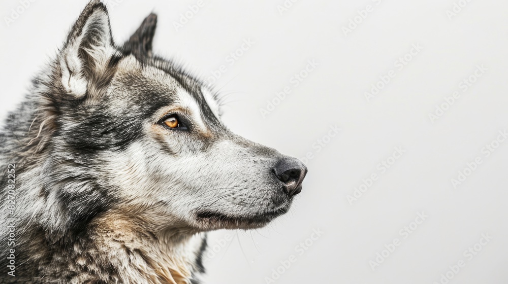 Timber Shepherd Wolfdog gazing in a different direction against a white background Timber Shepherd Wolfdog gazing in a different direction against a white background