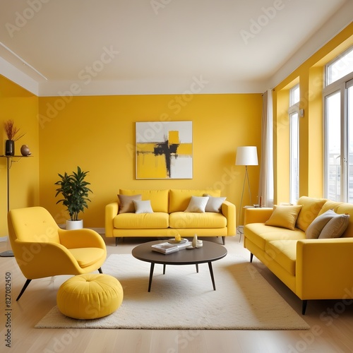 A living room with yellow furniture and a yellow couch with pillows on it
