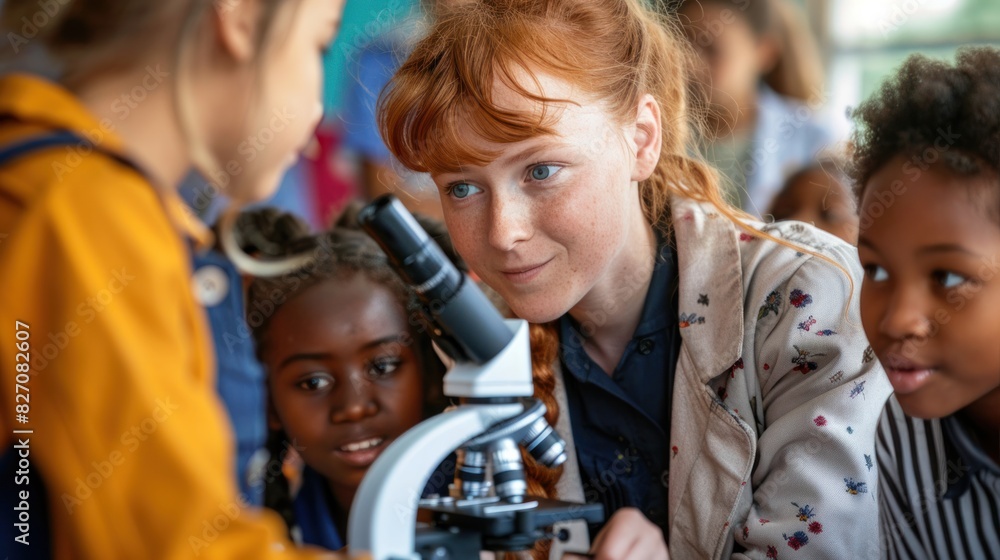 A teacher observes how female students look at a microscope during a biology lesson in elementary school. Schoolchildren write down the information given by their classmates in notebooks. A teacher observes how female students look at a microscope during a biology lesson in elementary school. Schoolchildren write down the information given by their classmates in notebooks.