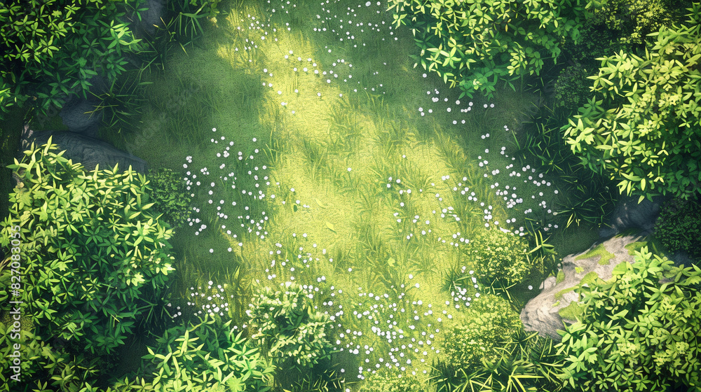 Top-down view of a lush green meadow, dotted with small white flowers, bathed in sunlight.