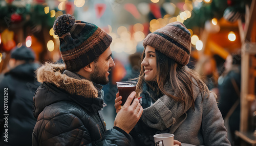 A couple is smiling and holding cups of hot chocolate