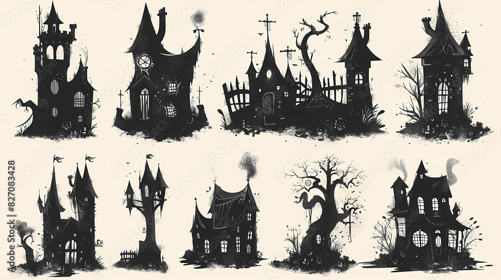 Collection of haunted house shadows, scary halloween house set Collection of haunted house shadows, scary halloween house set
