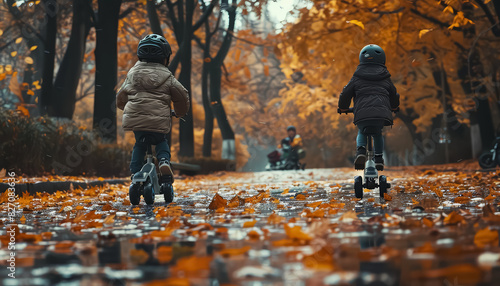 Two children playing soccer in a park with leaves on the ground © terra.incognita