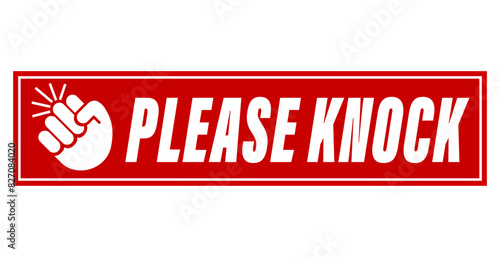 Please knock, notice and information sign to hang on the door with symbol and text on red background. Horizontal shape. long strip.