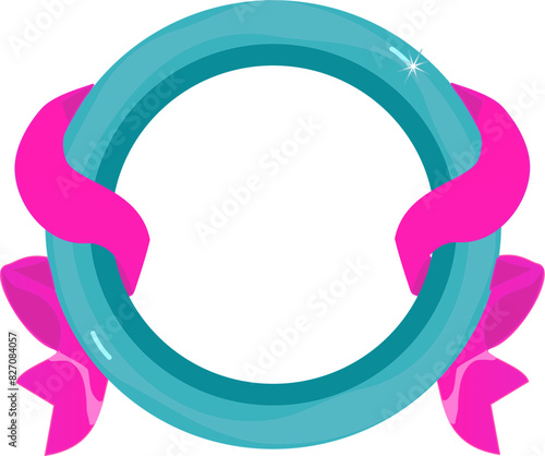 avatar badge icons of light blue metal circle with cloth and pink ribbon for ui game design. Blank rank border with crown for medieval interface. banner, frame, 3d, victory, winner. RPG	 photo