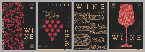 Set of modern line art magazine covers or posters with wine bottles, glasses and abstract texture. Restaurant menu design. Vector illustration