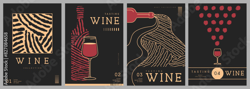 Set of modern line art magazine covers or posters with wine bottles, glasses and abstract texture. Restaurant menu design. Vector illustration