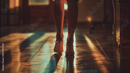 A moody photo of beautiful legs in high heels, backlit with warm tones, creating an elegant and dramatic effect. This image is ideal for use in fashion advertising, high-end magazine editorials
