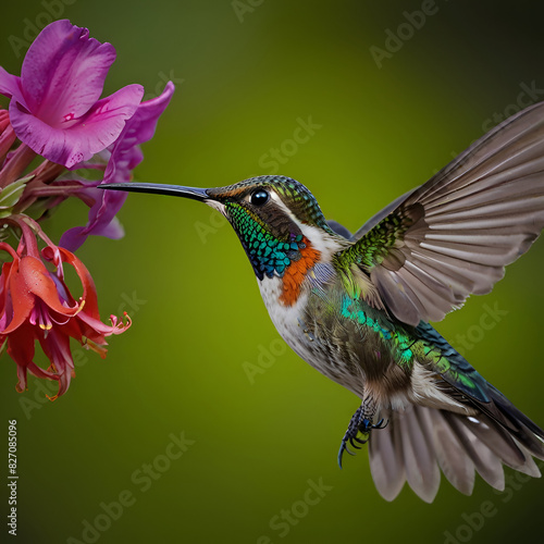 Flying hummingbird with green forest in background. Small colorful bird in flight. Digital art © MDSIAM