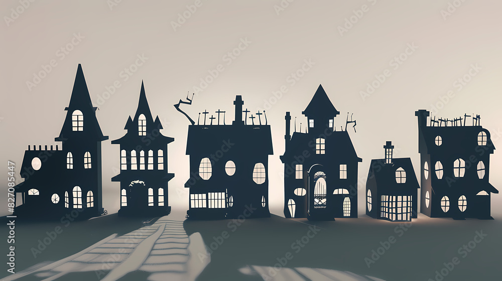 Collection of haunted house shadows, scary halloween house set Collection of haunted house shadows, scary halloween house set
