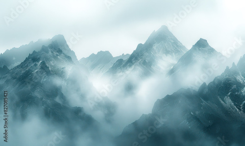 Ethereal blue mist enveloping rugged mountain tops, creating a serene landscape. Generate AI photo