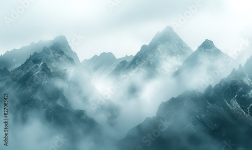 Ethereal blue mist enveloping rugged mountain tops, creating a serene landscape. Generate AI