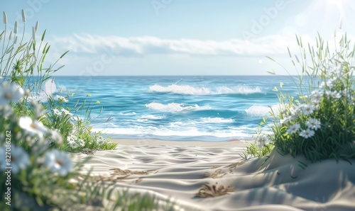 tranquil beach scene paired with vivid wildflowers, encapsulating the essence of nature's beauty.