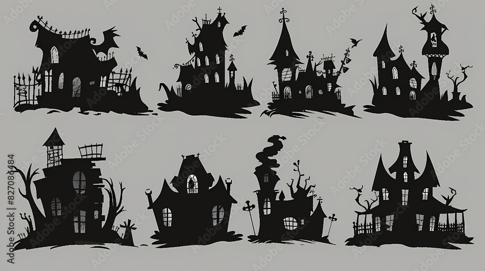 Collection of haunted house shadows, scary halloween house set Collection of haunted house shadows, scary halloween house set