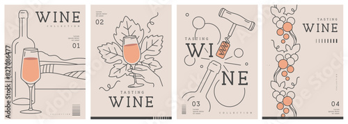 Set of modern line art magazine covers or posters with wine bottles and glasses. Restaurant menu design. Vector illustration
