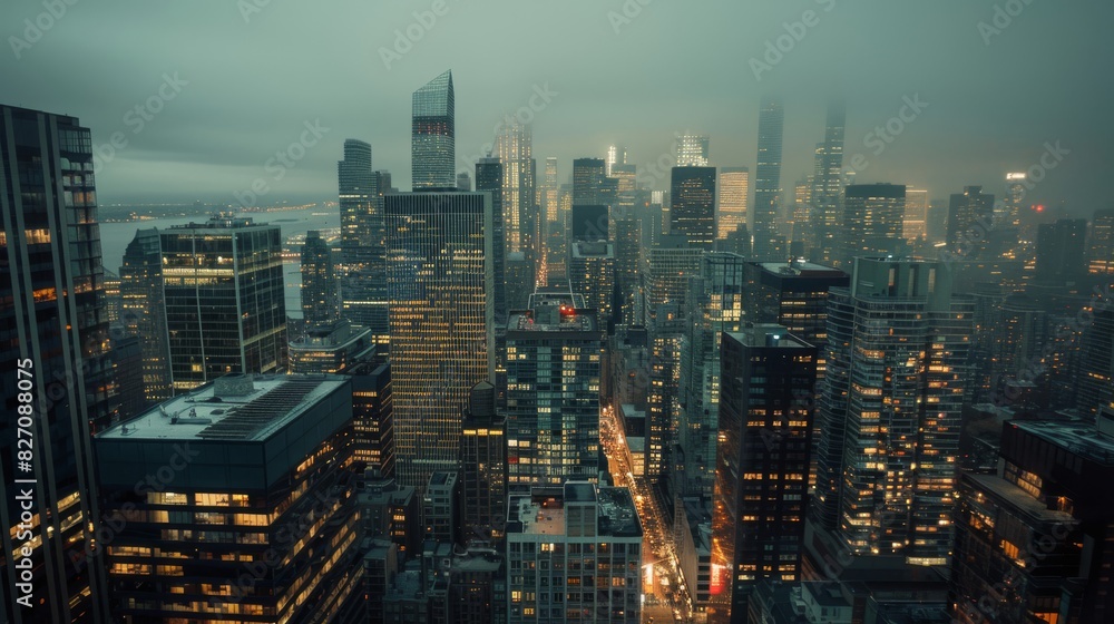 Obraz premium A city skyline with a dense cluster of high-rise buildings