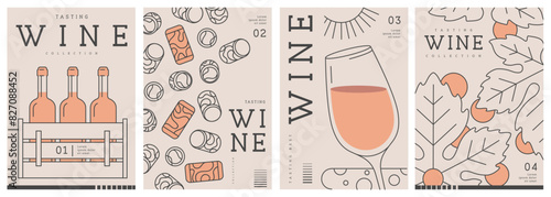 Set of modern line art magazine covers or posters with wine bottles and glasses. Restaurant menu design. Vector illustration