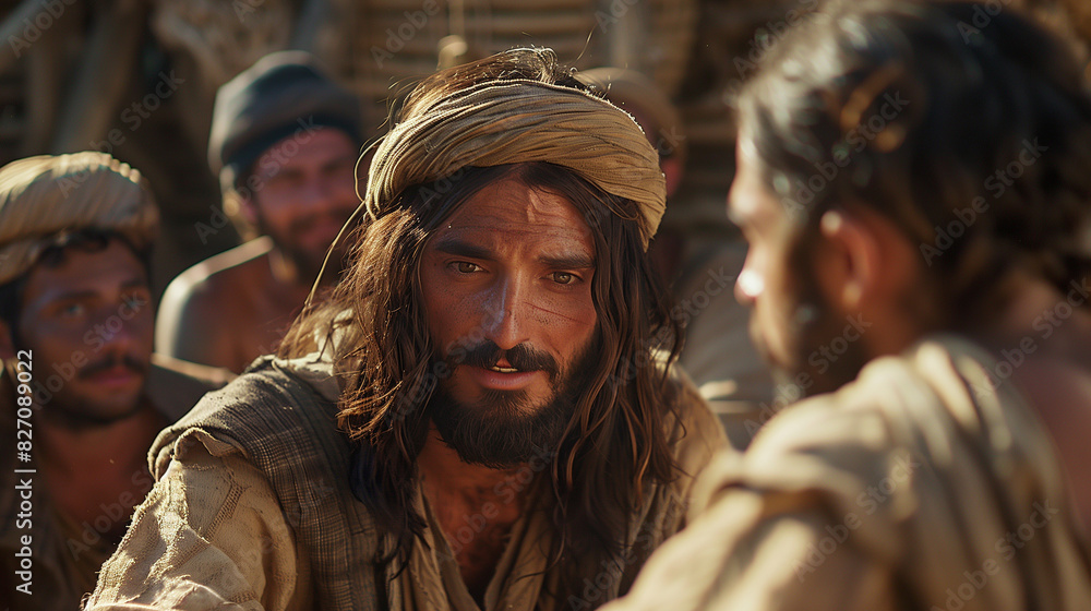 Jesus speaking to the crowd, surrounded by his disciples in ancient Jerusalem. The scene captures Jesus' serene expression as he passes on wisdom and knowledge with warmth and compassion.
Jesus speaking to the crowd, surrounded by his disciples in ancient Jerusalem. The scene captures Jesus' serene expression as he passes on wisdom and knowledge with warmth and compassion.