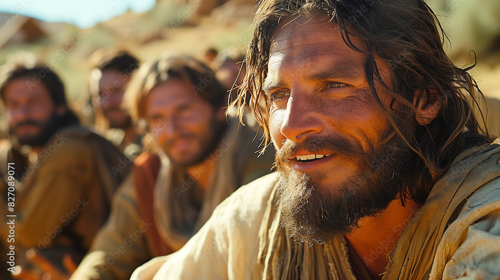 Jesus speaking to the crowd, surrounded by his disciples in ancient Jerusalem. The scene captures Jesus' serene expression as he passes on wisdom and knowledge with warmth and compassion.
Jesus speaking to the crowd, surrounded by his disciples in ancient Jerusalem. The scene captures Jesus' serene expression as he passes on wisdom and knowledge with warmth and compassion.