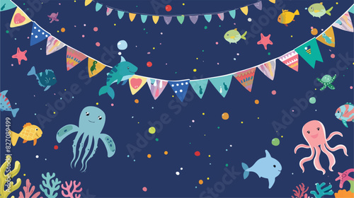 Flags garland for birthday party with sea animals on