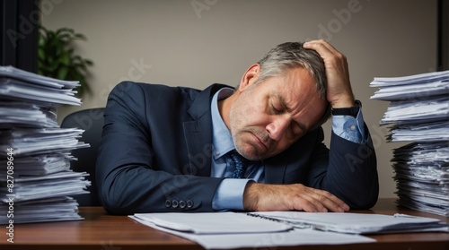 Tired Senior Man Resting on Pile of Office Papers
