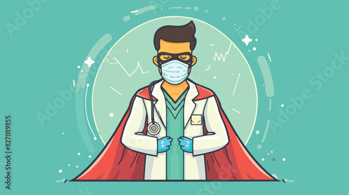 Flat cartoon art with doctor in face mask and superhe