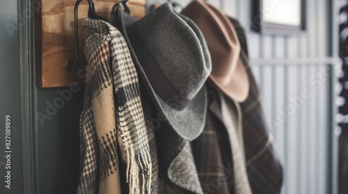 A variety of warm winter clothing items hanging on a wooden coat rack against a rustic background
