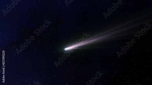 Comet tail, glowing comet flies in space. Photo of a real comet. Shooting star. Astrophotography of a celestial body.