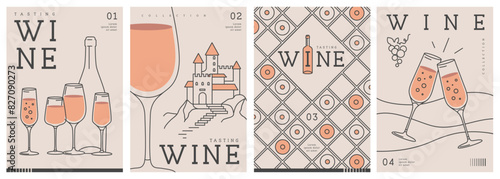 Set of modern line art magazine covers or posters with wine bottles and glasses. Restaurant menu design. Vector illustration