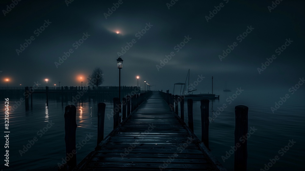 Fototapeta premium wooden bridge over the river, pier in the night