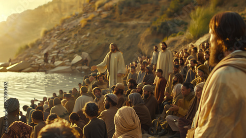 Jesus performing the miracle of feeding the 5000, with loaves and fish multiplying in his hands. He stands on a hillside surrounded by a large, amazed crowd and his disciples.  photo