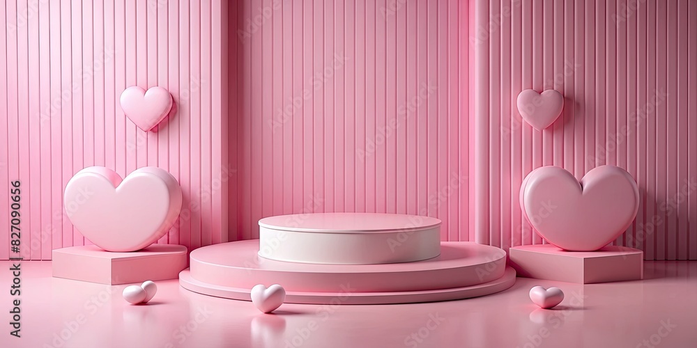 Cute Pink Podium with Hearts on a Striped Background Cute Pink Podium with Hearts on a Striped Background