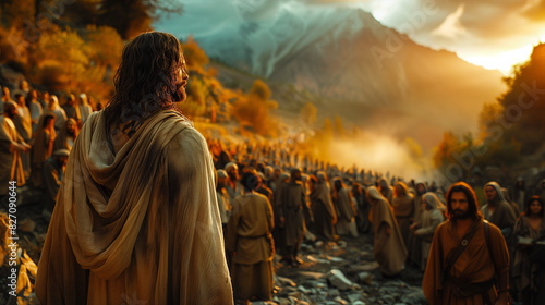 Jesus performing the miracle of feeding the 5000, with loaves and fish multiplying in his hands. He stands on a hillside surrounded by a large, amazed crowd and his disciples. 
