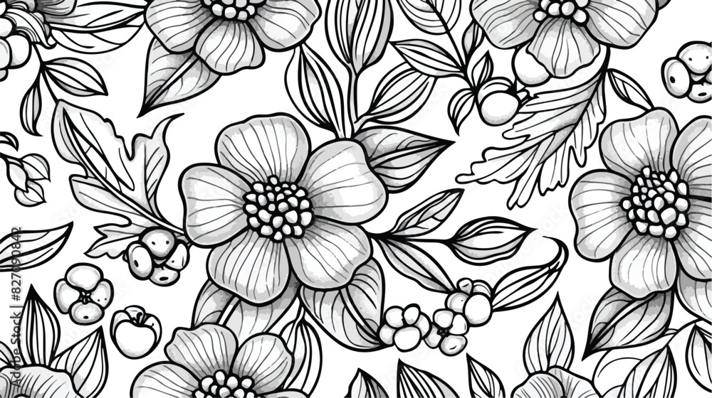 Floral seamless pattern in black and white line style