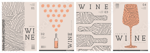 Set of modern line art magazine covers or posters with wine bottles, glasses and abstract texture. Restaurant menu design. Vector illustration