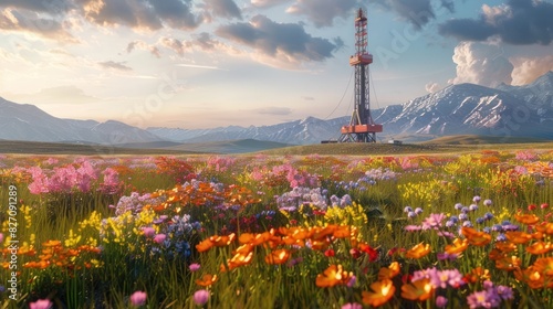 Vibrant Spring Blooms Enliven a D Rendered Drilling Rig in the Plains photo
