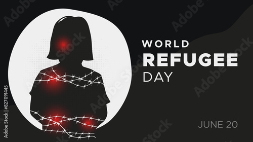 Silhouette design of woman wrapped in barbed wire. Commemorating World Refugee Day, June 20. design concept of refugees who migrate due to violent behavior and war. humanity