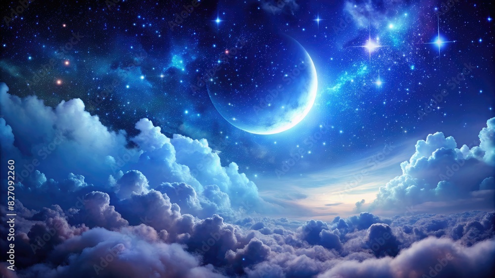 Night Sky with Crescent Moon and Stars Over Clouds Night Sky with Crescent Moon and Stars Over Clouds