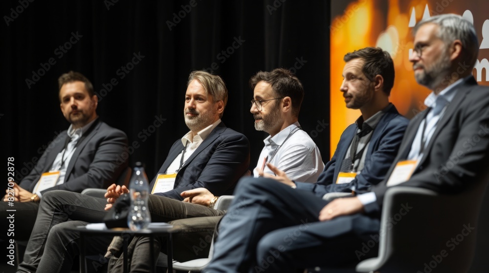 A group of men sitting closely together on a stage, possibly engaged in a conversation or presentation. A group of men sitting closely together on a stage, possibly engaged in a conversation or presentation.