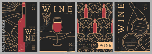 Set of modern line art magazine covers or posters with wine bottles and glasses. Restaurant menu design. Vector illustration