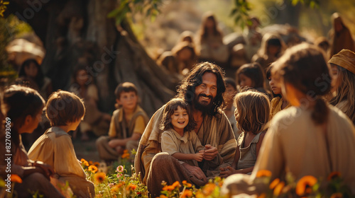 Jesus surrounded by children, sitting under a large tree in a serene garden. He gently holds a child on his lap and smiles warmly as other children gather around him. The scene captures the kindness 