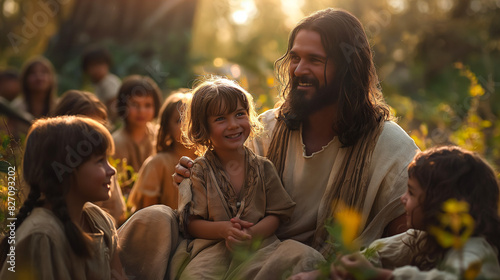 Jesus surrounded by children, sitting under a large tree in a serene garden. He gently holds a child on his lap and smiles warmly as other children gather around him. The scene captures the kindness 