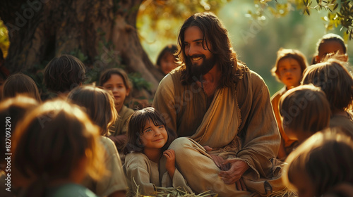 Jesus surrounded by children, sitting under a large tree in a serene garden. He gently holds a child on his lap and smiles warmly as other children gather around him. The scene captures the kindness 