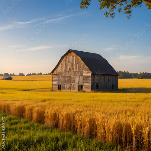 A watercolor painting depicting a tranquil scene of a small house nestled in the midst of a sprawling rice field under a clear blue sky