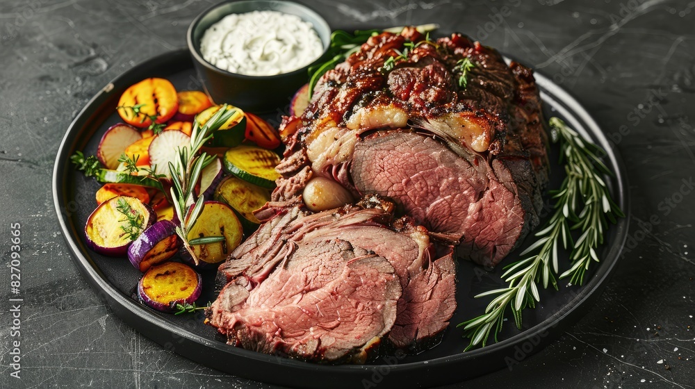 Tender slices of prime rib roast served with horseradish sauce and roasted vegetables Tender slices of prime rib roast served with horseradish sauce and roasted vegetables
