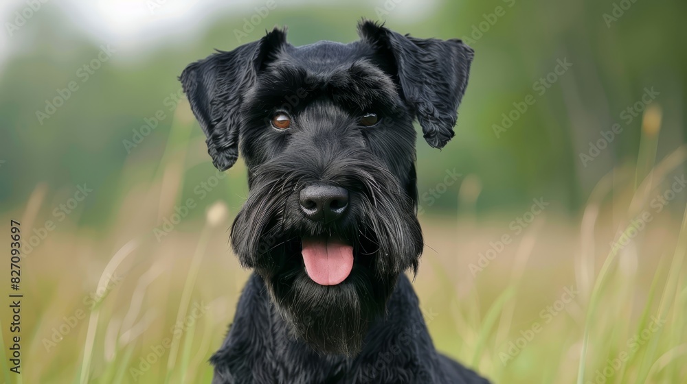  A tight shot of a black dog in a lush grass field, tongue extended to one side of its face