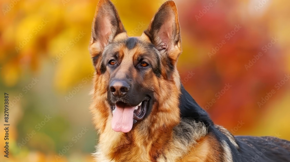 A tight shot of a dog's face against an backdrop of autumn leaves, the canine image slightly out of focus in the foreground A tight shot of a dog's face against an backdrop of autumn leaves, the canine image slightly out of focus in the foreground