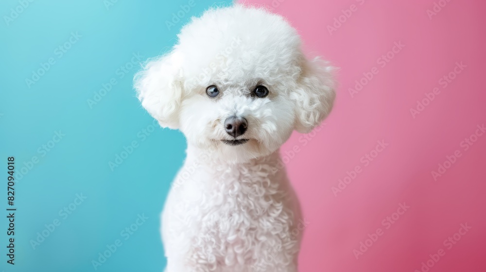 A tight shot of a white Poodle against a pink-blue backdrop Behind it, two pink-blue walls A tight shot of a white Poodle against a pink-blue backdrop Behind it, two pink-blue walls