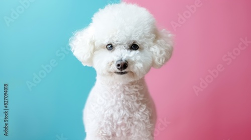  A tight shot of a white Poodle against a pink-blue backdrop Behind it, two pink-blue walls