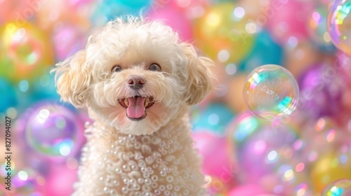  Close-up of a white dog smiling, tongue out, before multicolored backdrop with floating bubbles and bubbles above © Mikus